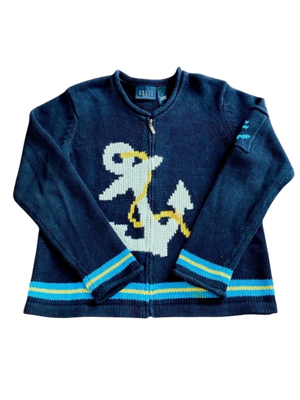 Vintage Nautical Cardigan Sweater Crazy Horse Navy Anchor Full Zip Women's M